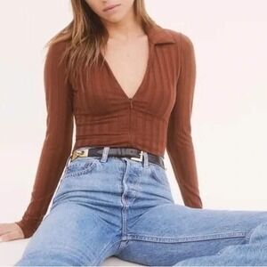 Reformation Women's Brown Long Sleeve V-Neck Jen Ribbed Bodysuit Size XL